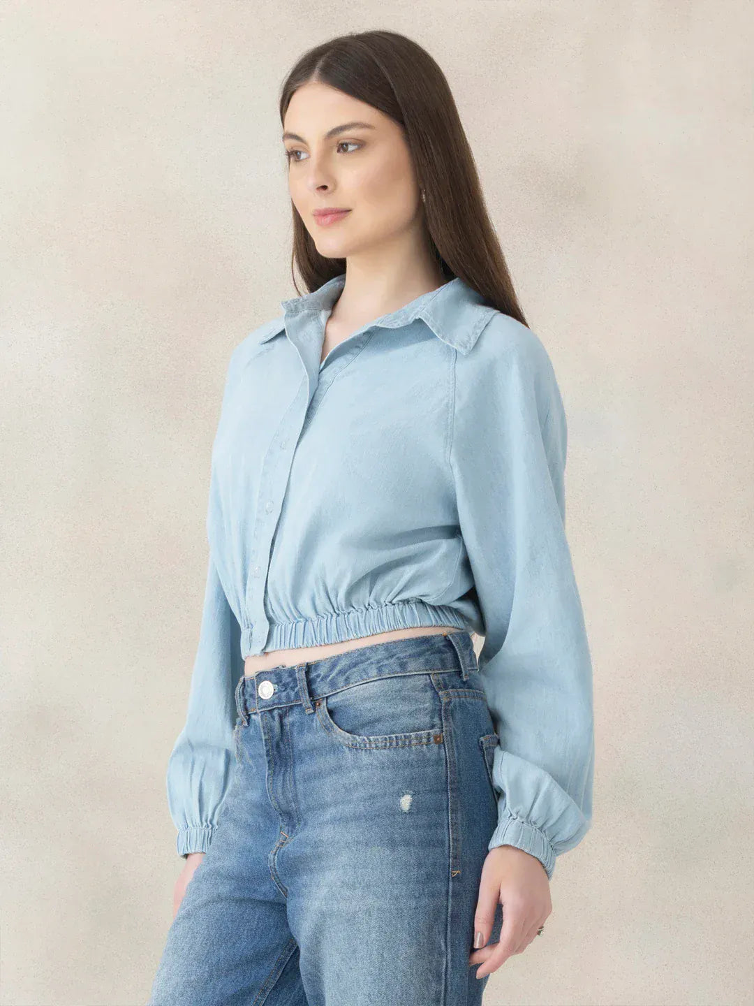 Blue Cotton Crop Shirt