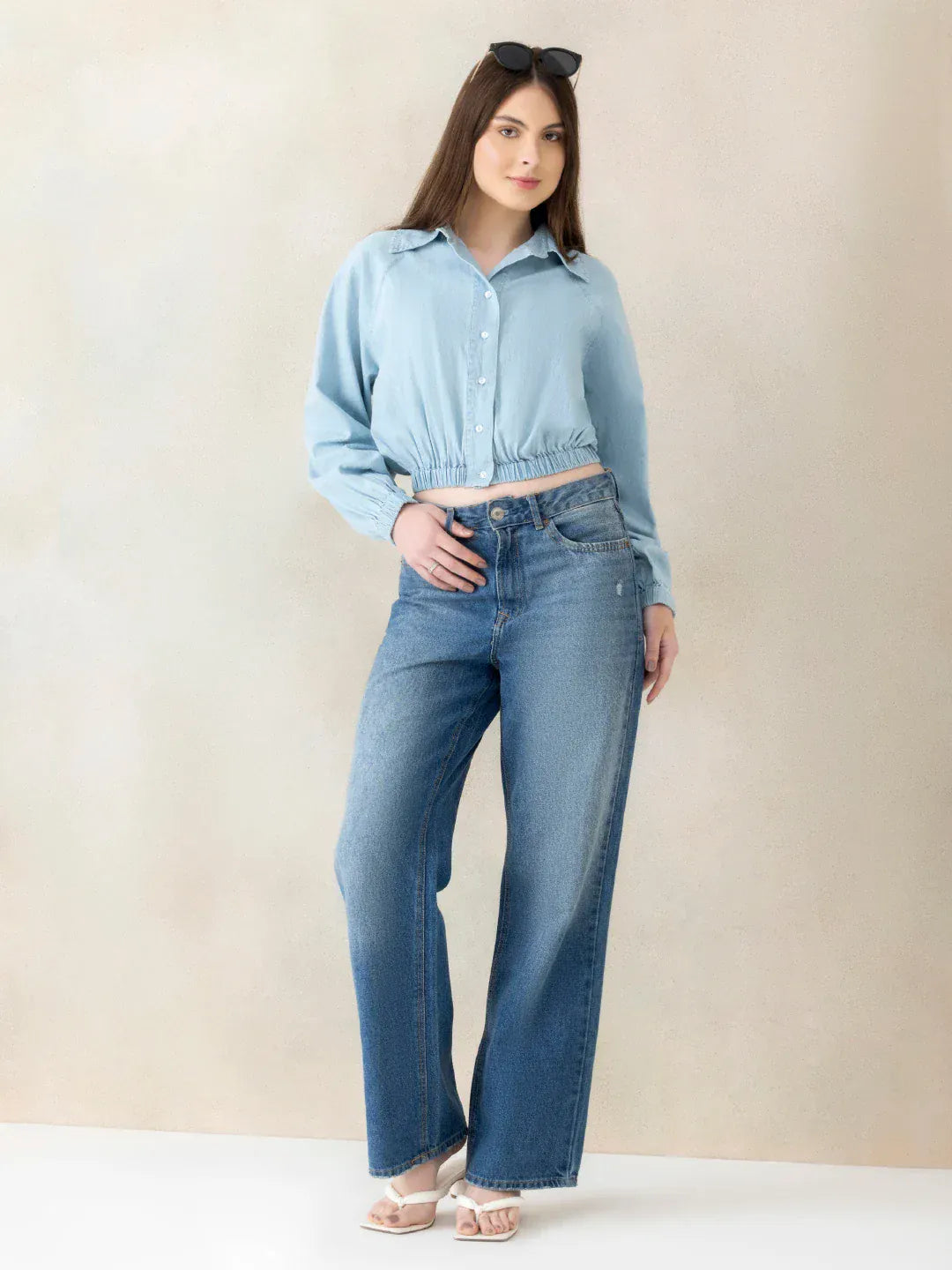 Blue Cotton Crop Shirt
