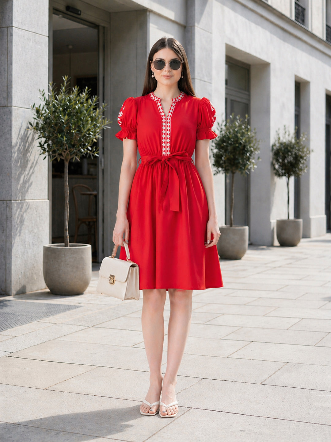 Woman in a red short-sleeve belted dress with embroidery, carrying a beige handbag, standing outdoors.