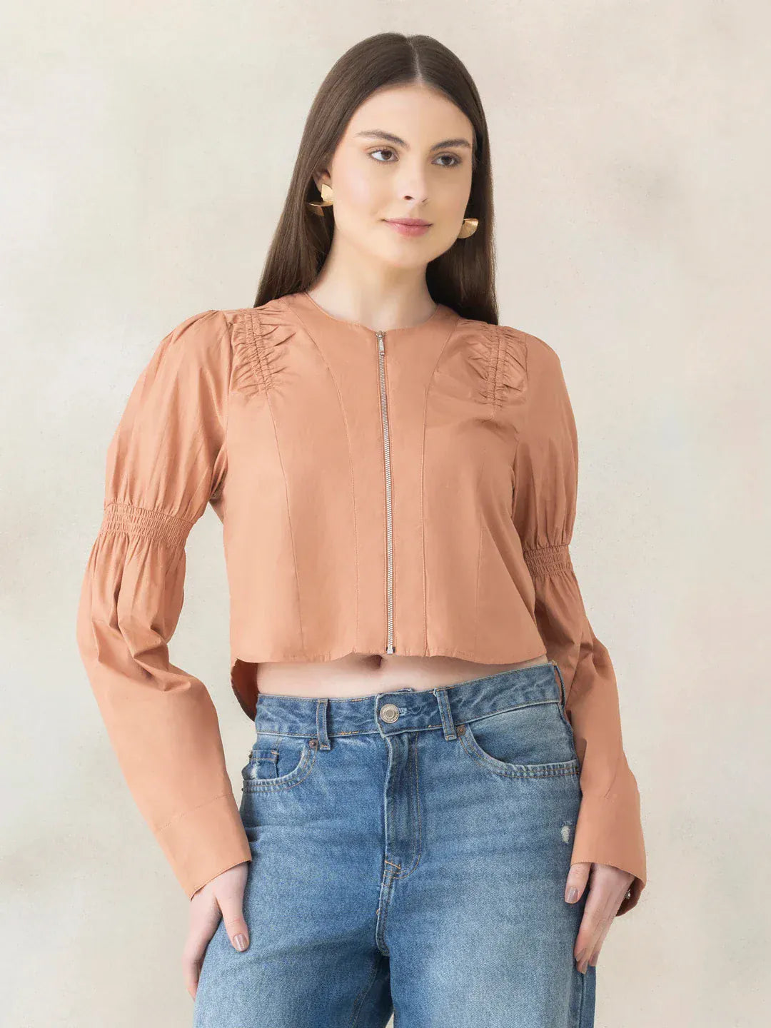 Women Beige Crop Shirt - Organic Cotton