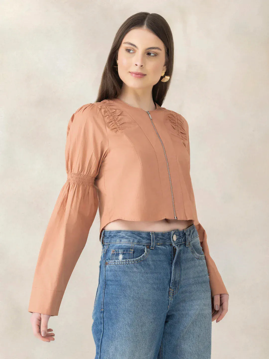 Women Light Brown Cotton Crop Top