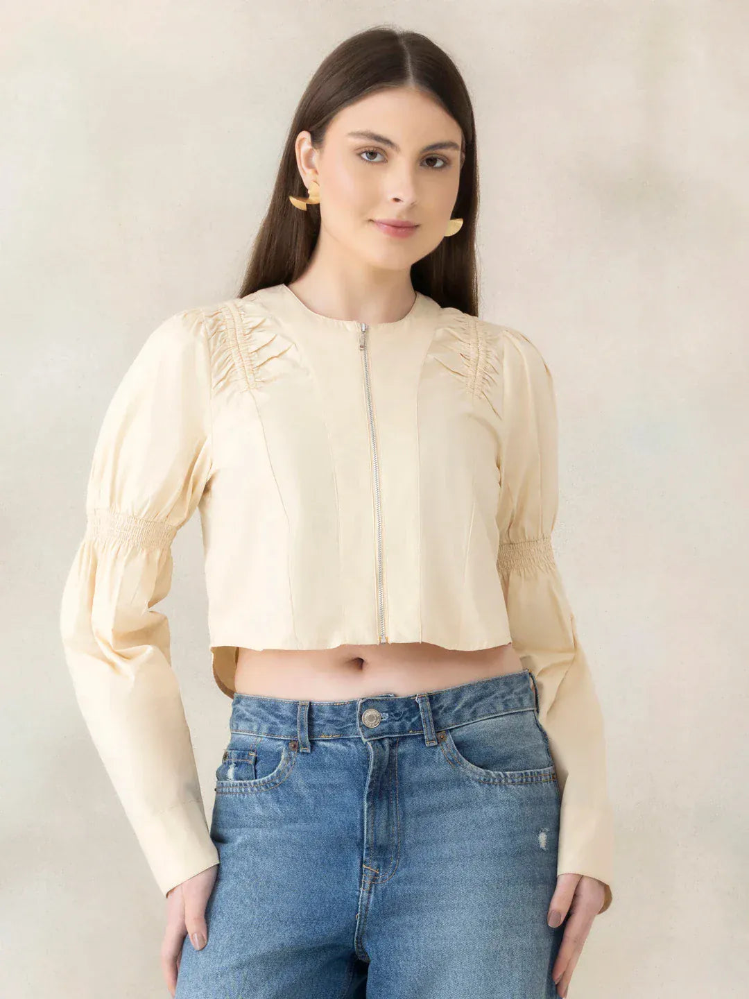 Light Brown Cotton Crop Shirt