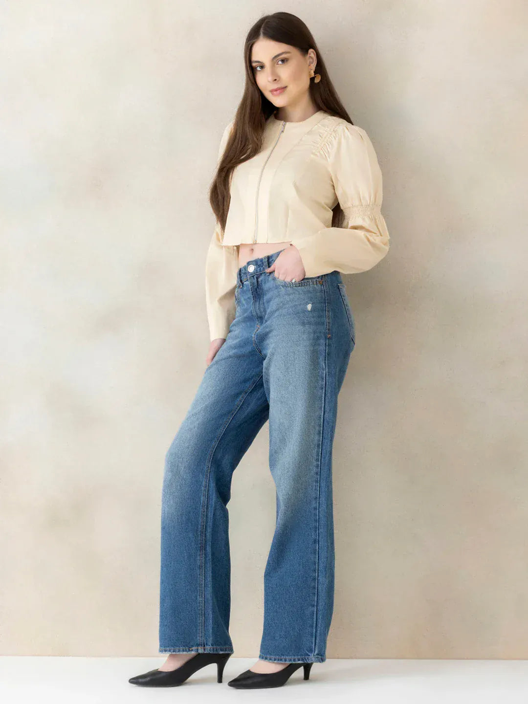 Light Brown Cotton Crop Shirt