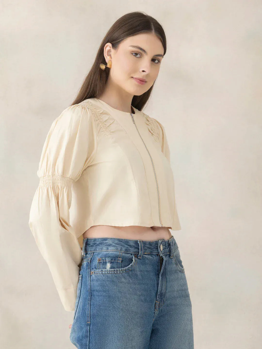 Light Brown Cotton Crop Shirt