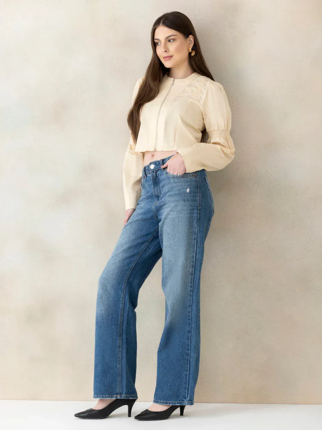 Light Brown Cotton Crop Shirt