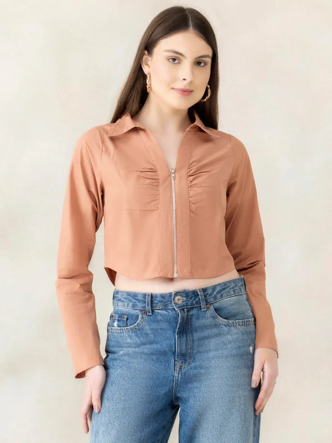 Women Light Brown Cotton Crop Top