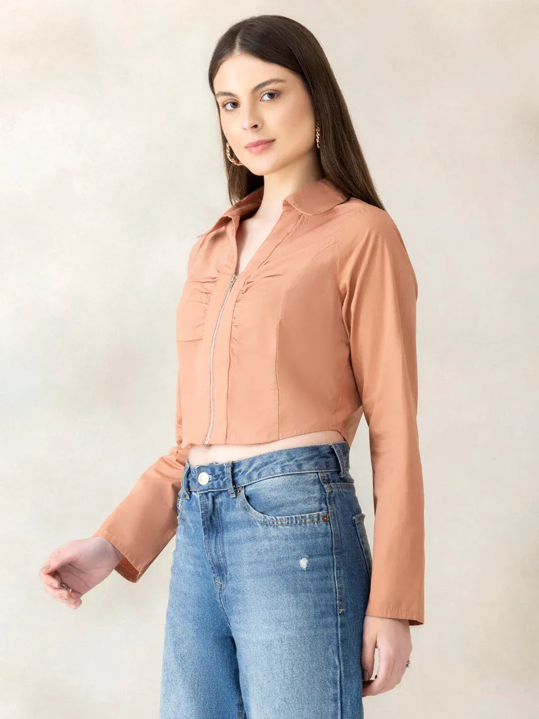 Women Light Brown Cotton Crop Top
