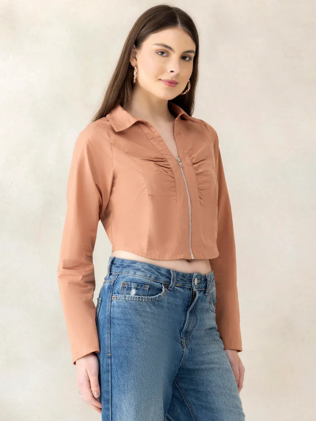 Women Light Brown Cotton Crop Top