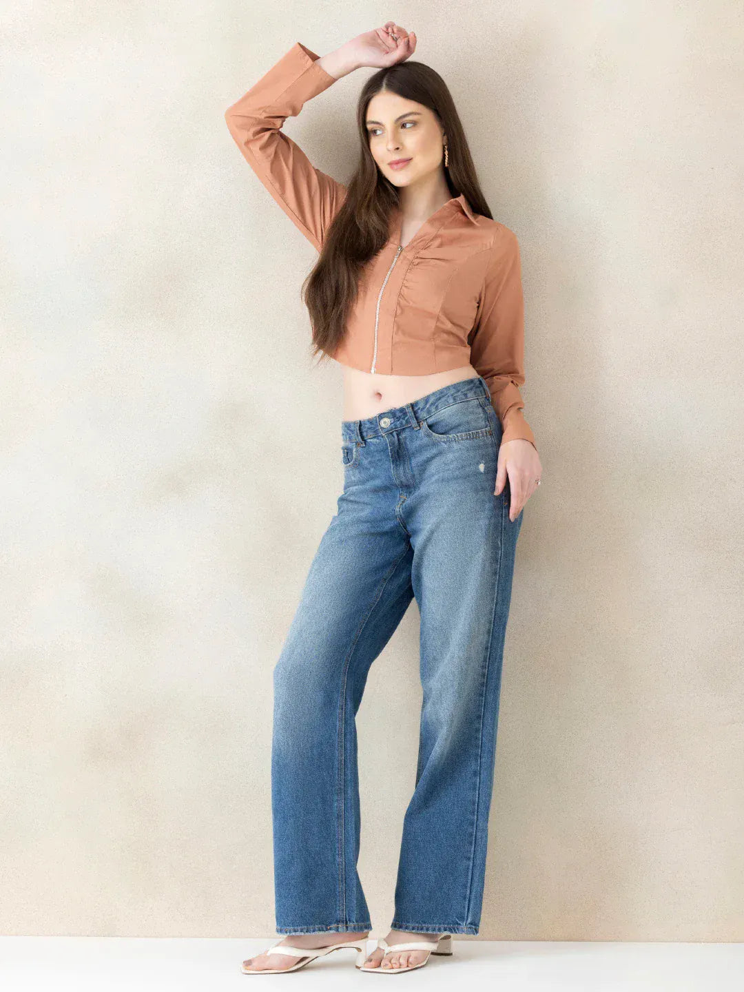 Women Light Brown Cotton Crop Top