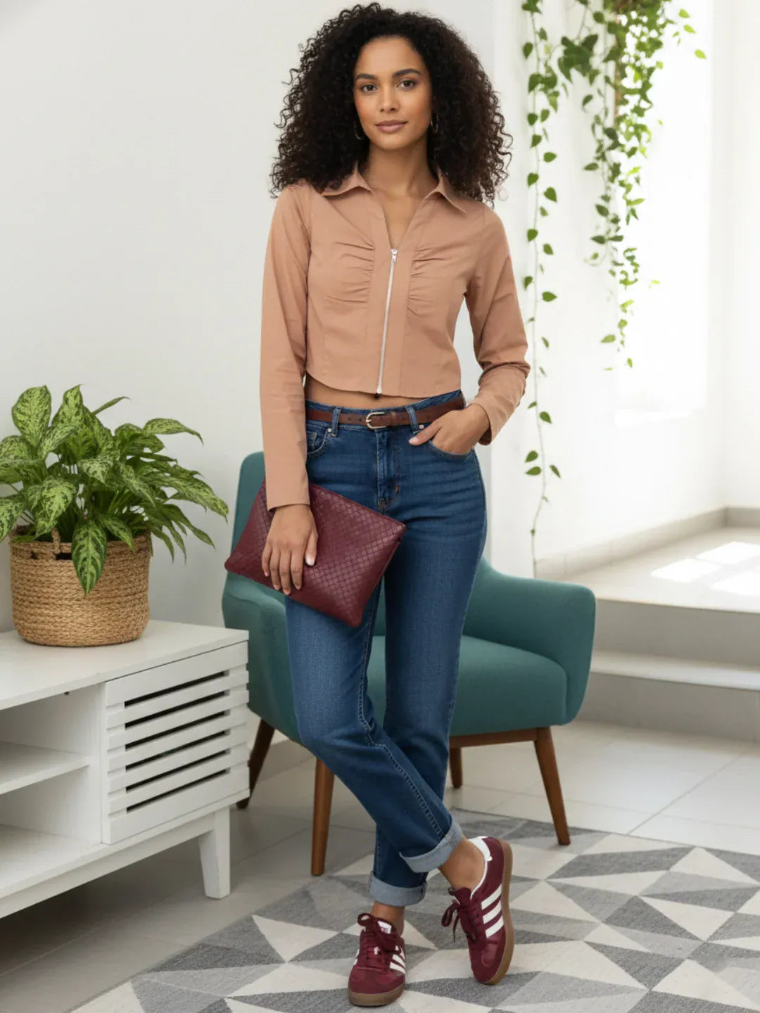 Women Light Brown Cotton Crop Top