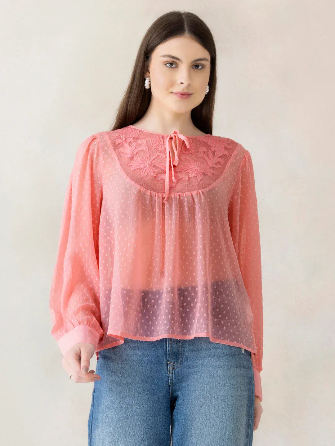 Peach Swiss Dot Embroidered Top