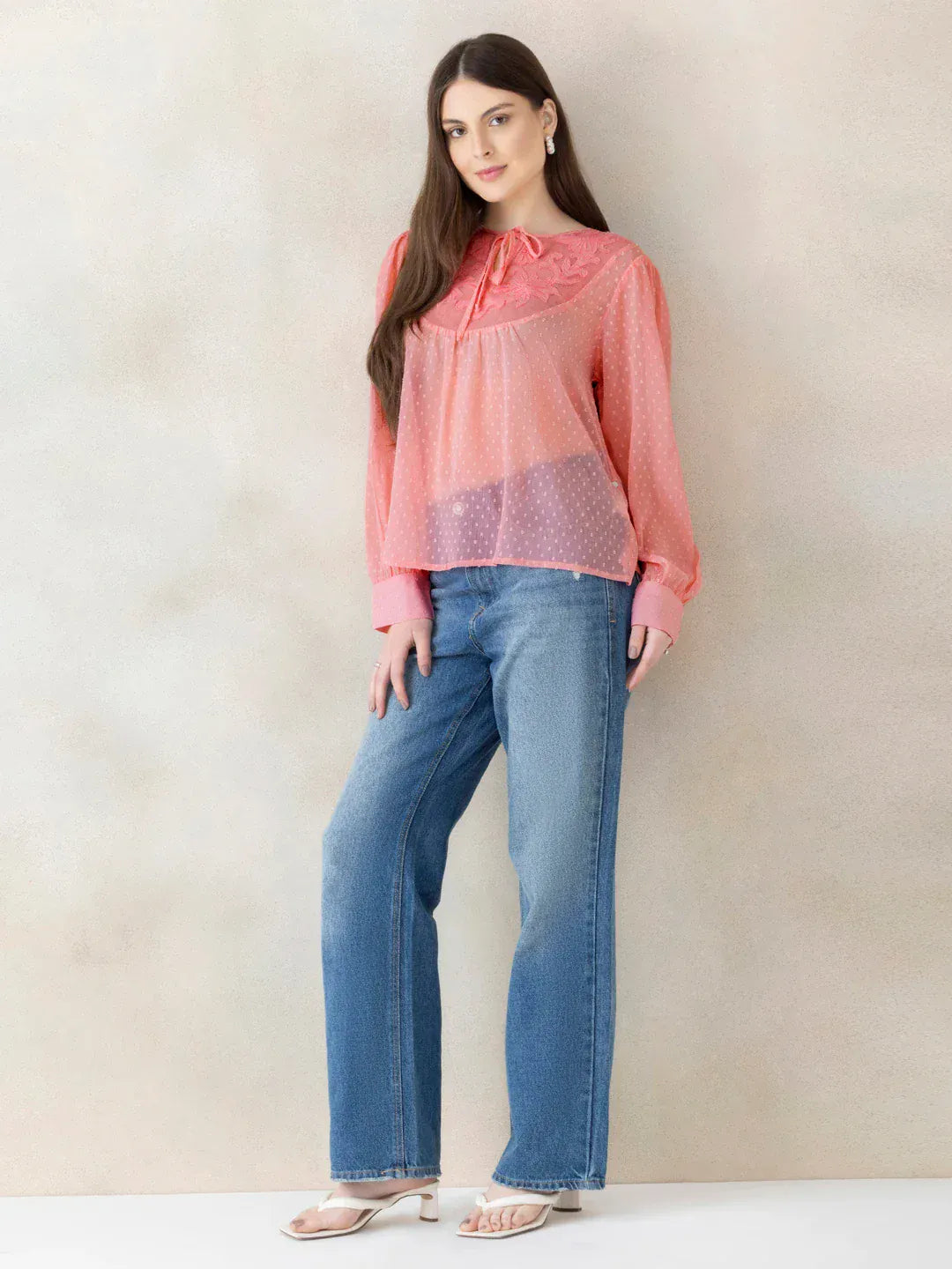 Peach Swiss Dot Embroidered Top