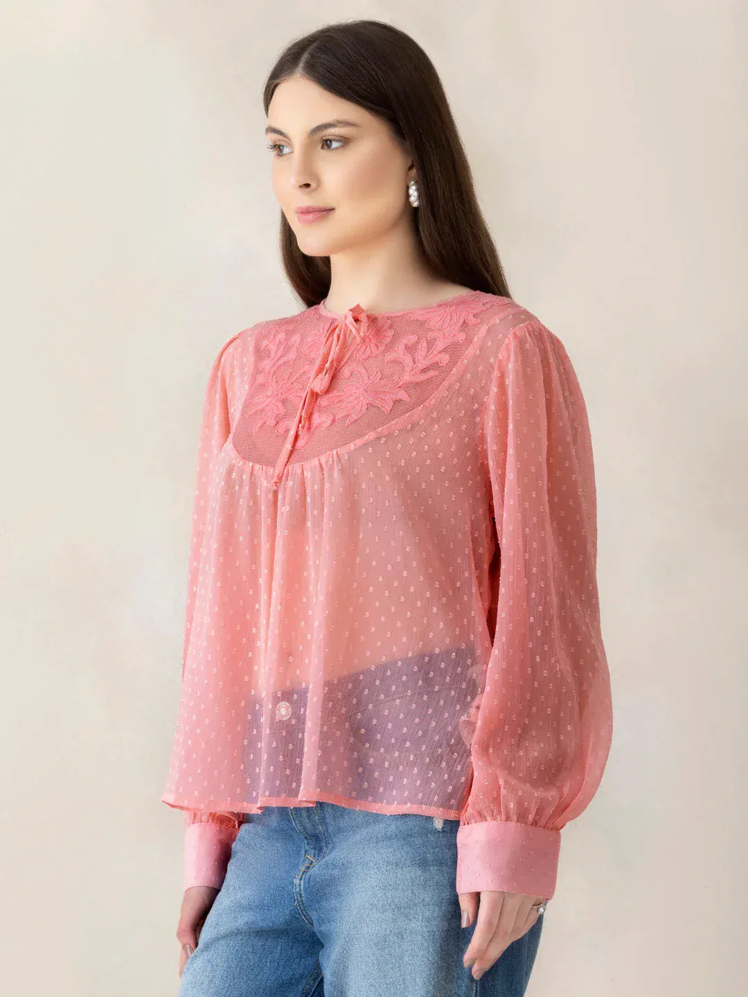 Peach Swiss Dot Embroidered Top