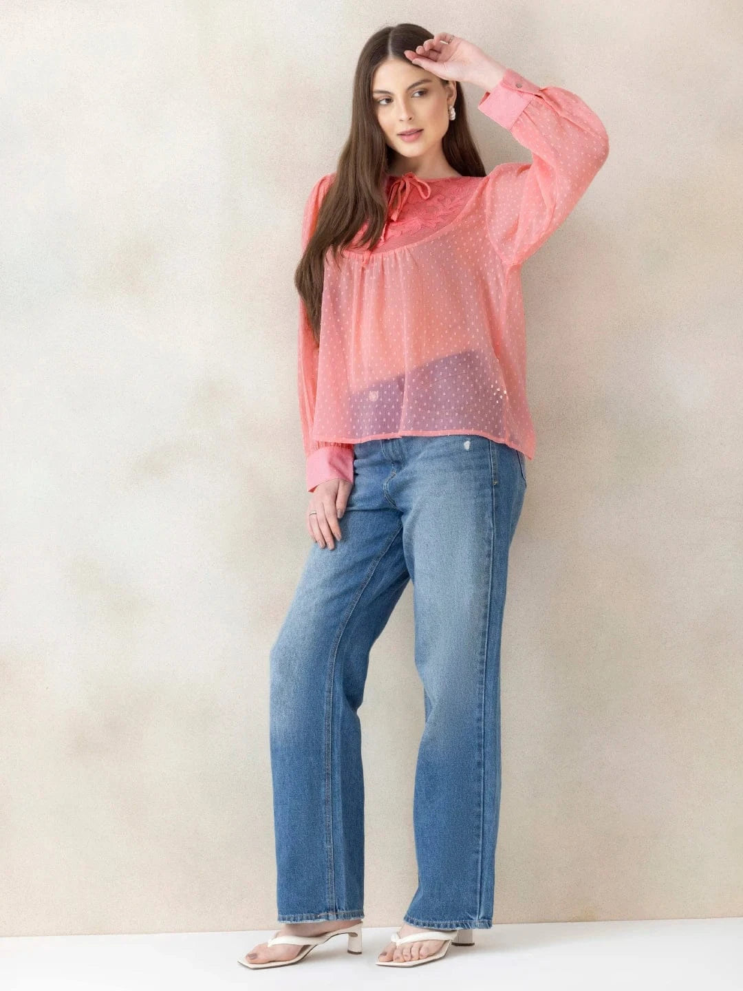 Peach Swiss Dot Embroidered Top