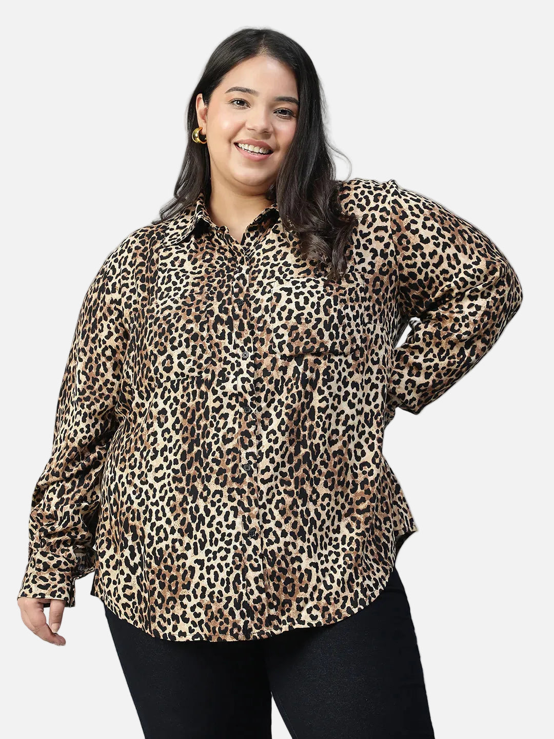 Plus Size Brown Animal Print Viscose Shirt