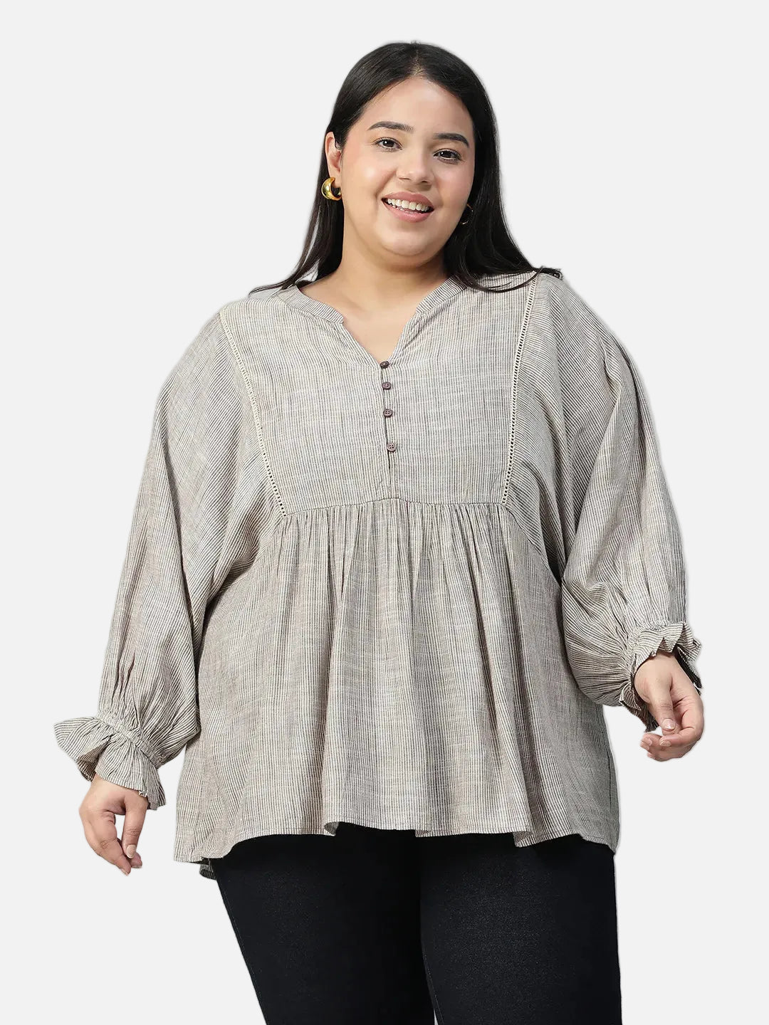Plus Size Khaki Stripe Print Cotton Top