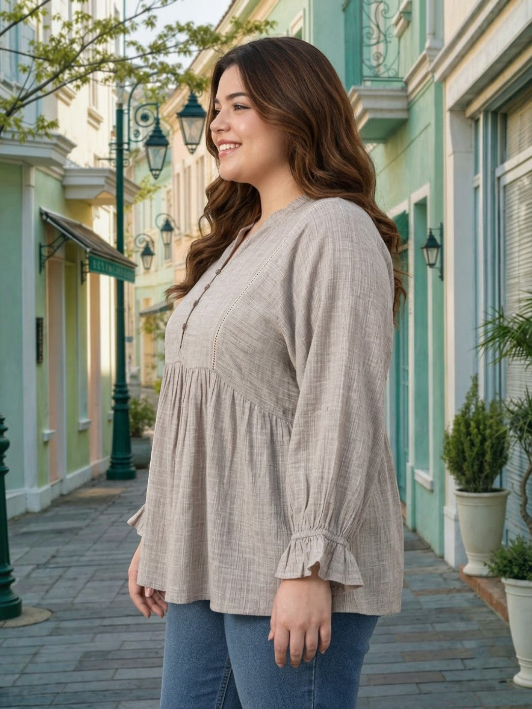 Plus Size Khaki Stripe Print Cotton Top