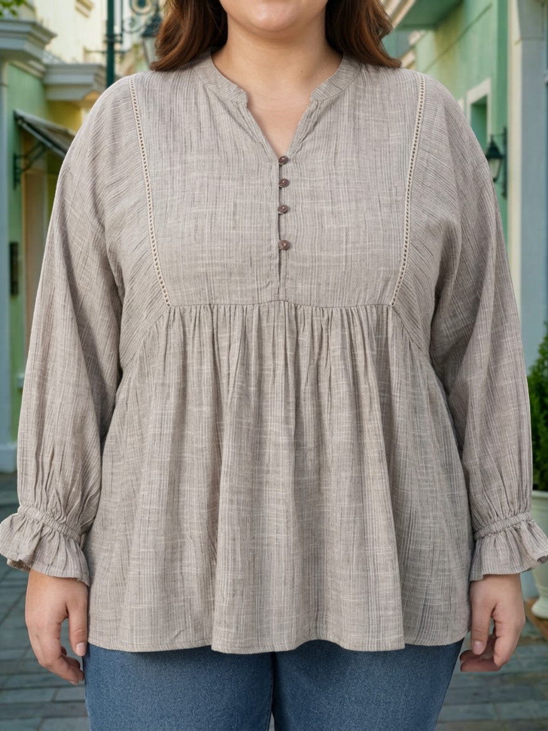 Plus Size Khaki Stripe Print Cotton Top