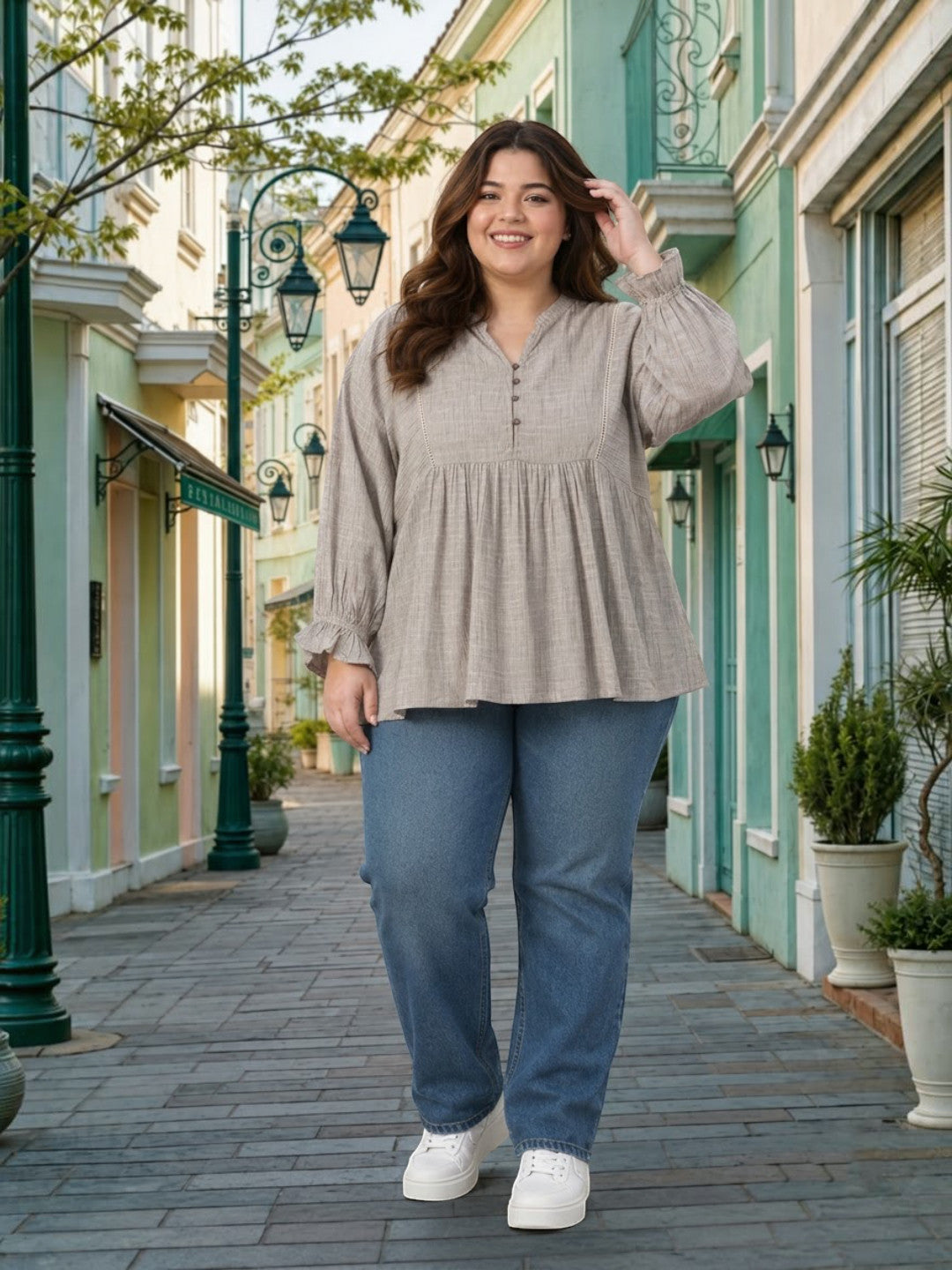 Plus Size Khaki Stripe Print Cotton Top