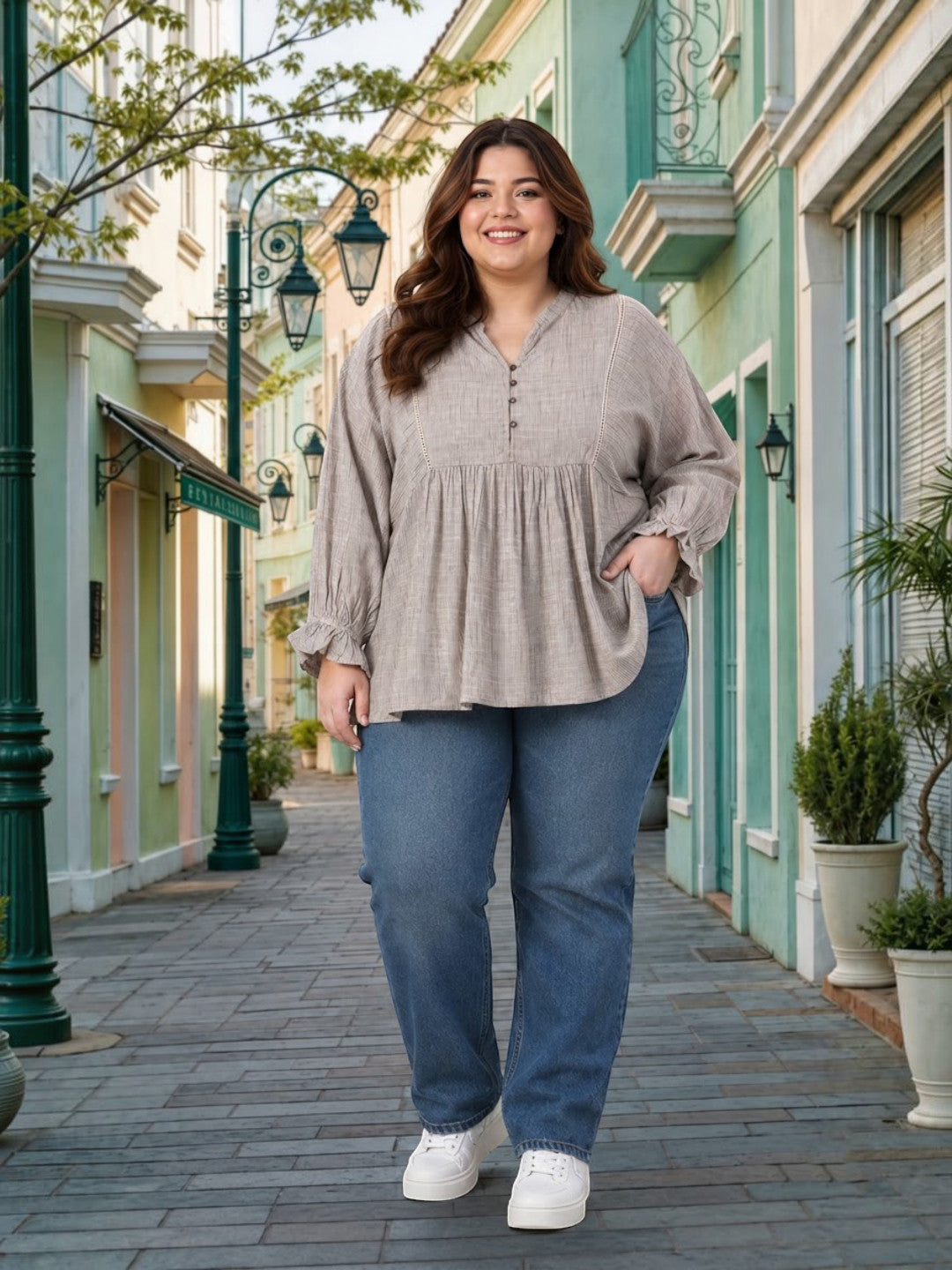 Plus Size Khaki Stripe Print Cotton Top