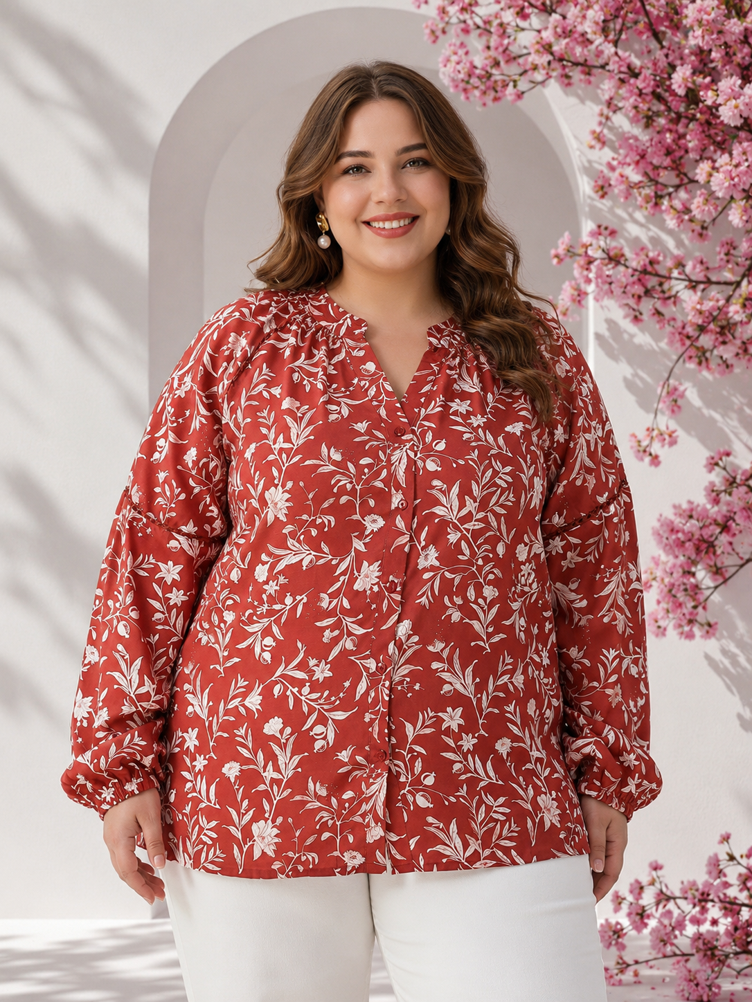 Plus Size Red Floral Print Viscose Top