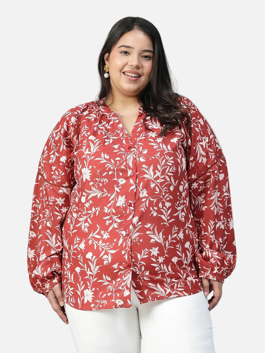 Plus Size Red Floral Print Viscose Top