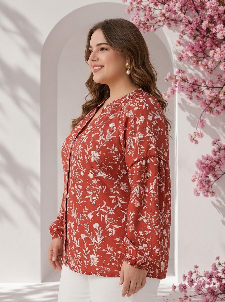 Plus Size Red Floral Print Viscose Top