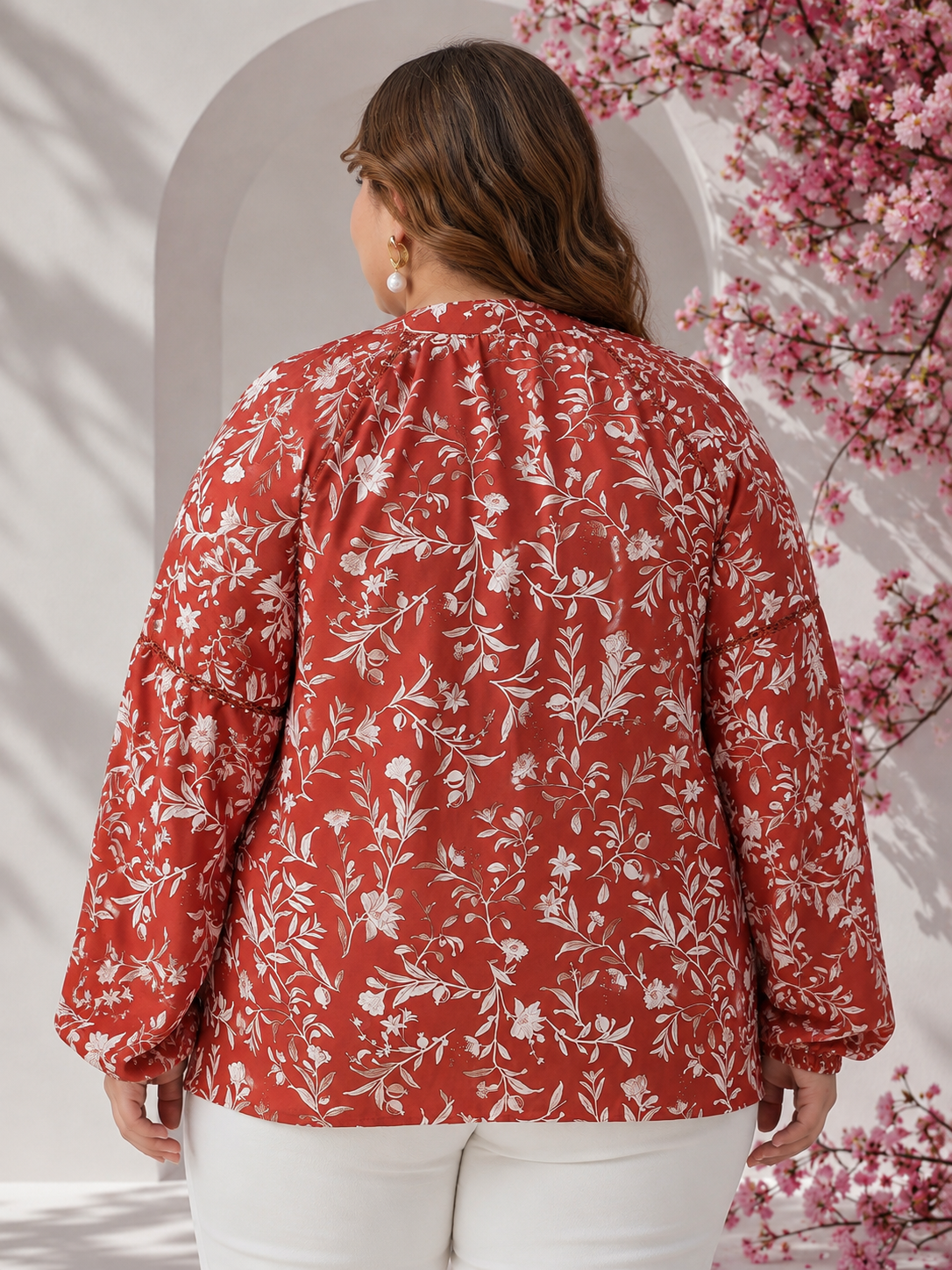 Plus Size Red Floral Print Viscose Top