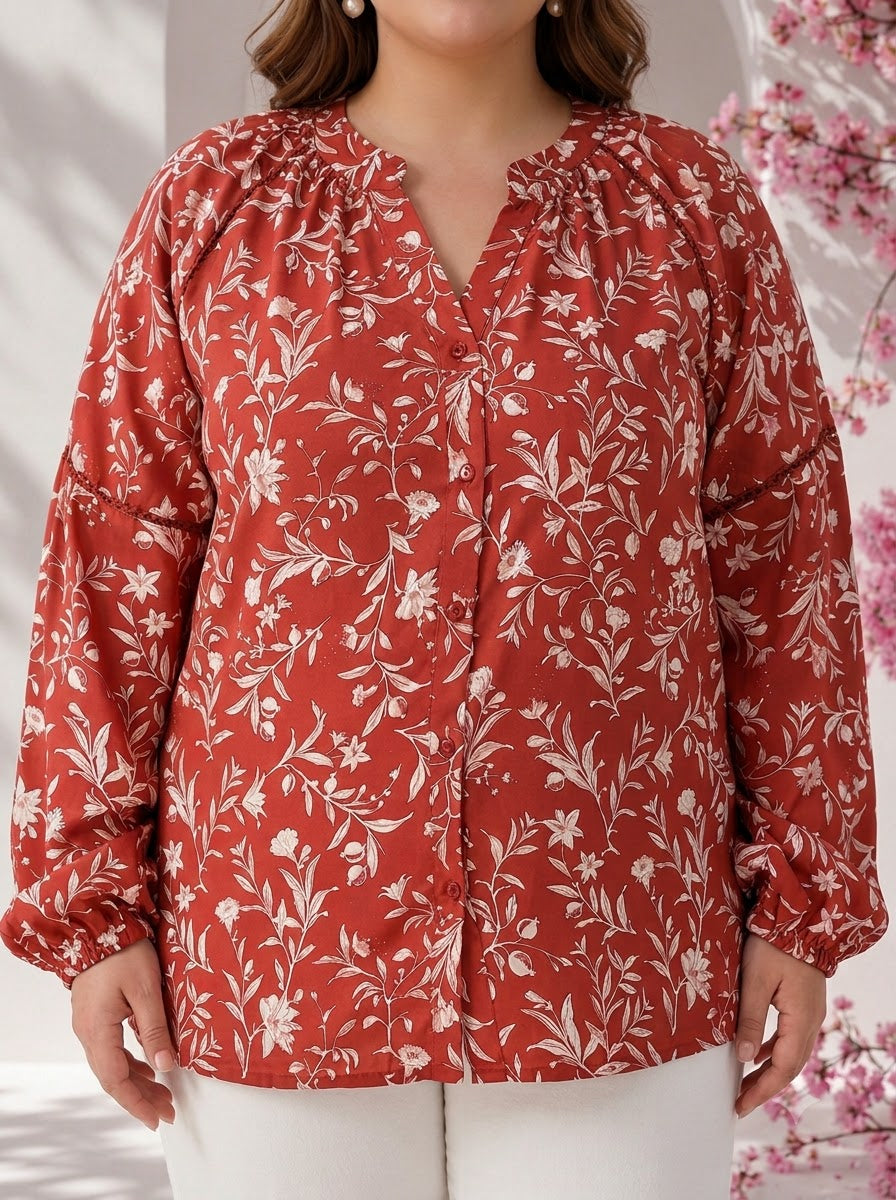 Plus Size Red Floral Print Viscose Top