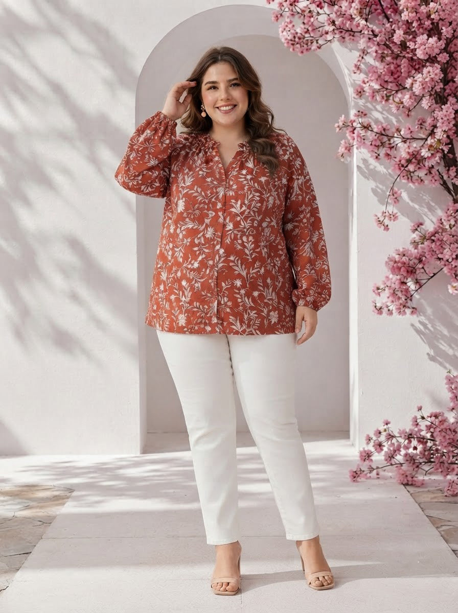 Plus Size Red Floral Print Viscose Top