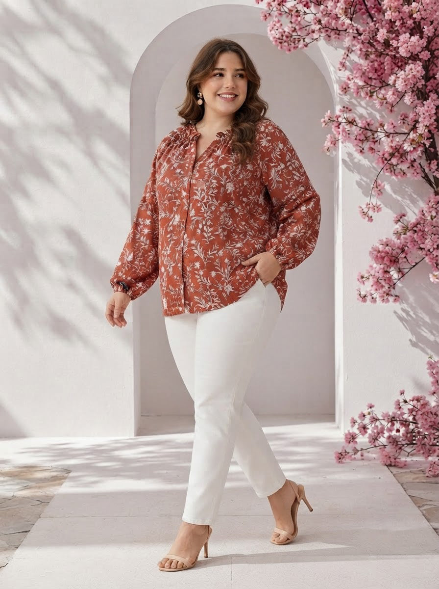 Plus Size Red Floral Print Viscose Top