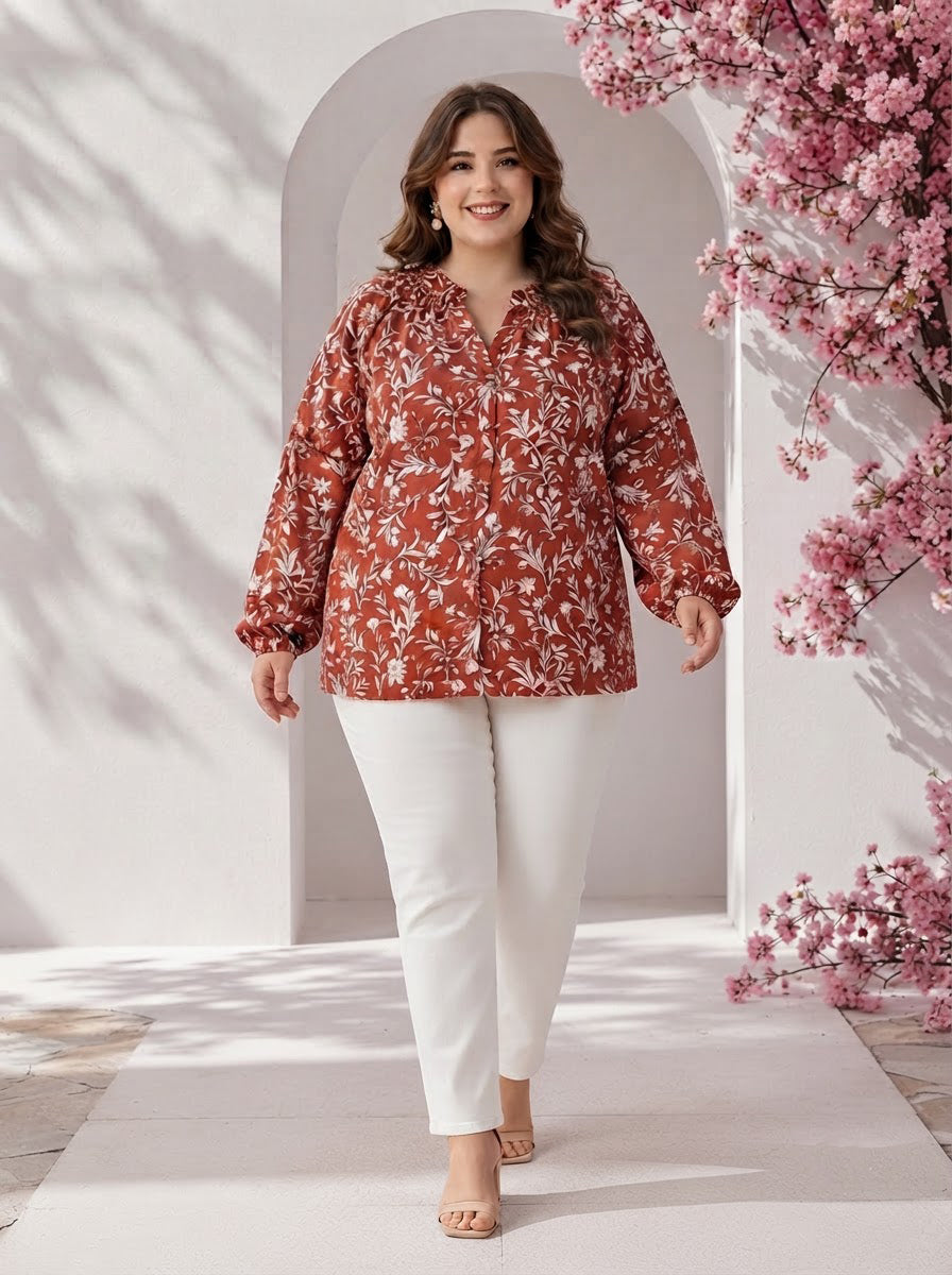 Plus Size Red Floral Print Viscose Top