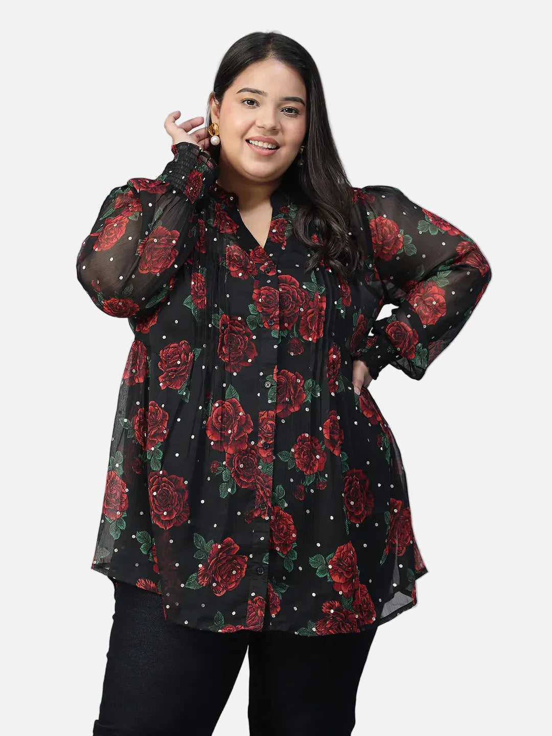 Plus Size Black Floral Print Top