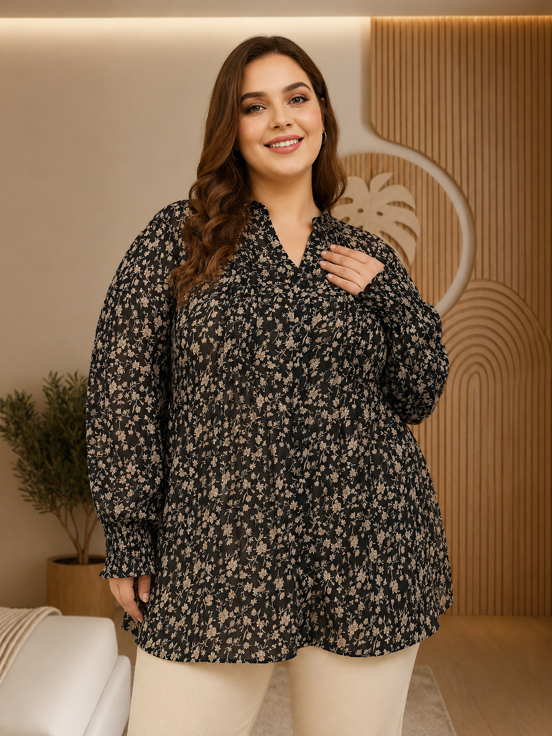 Plus Size Black Floral Print Top