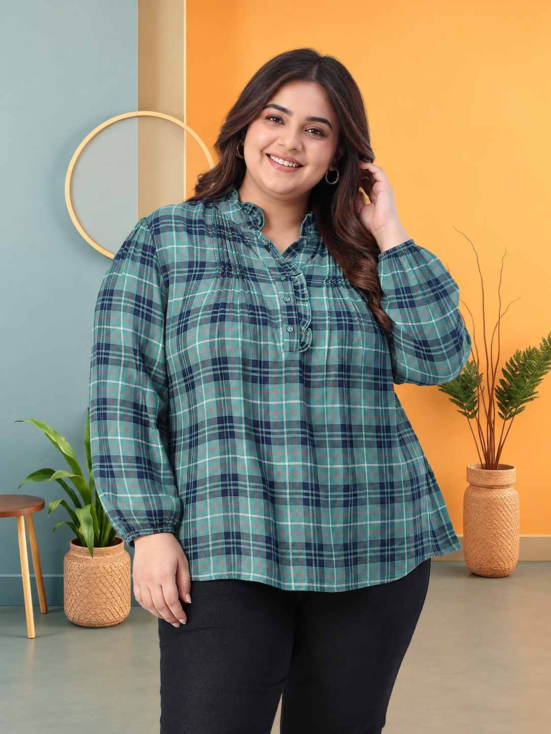 Plus Size Green Check Print Cotton Top