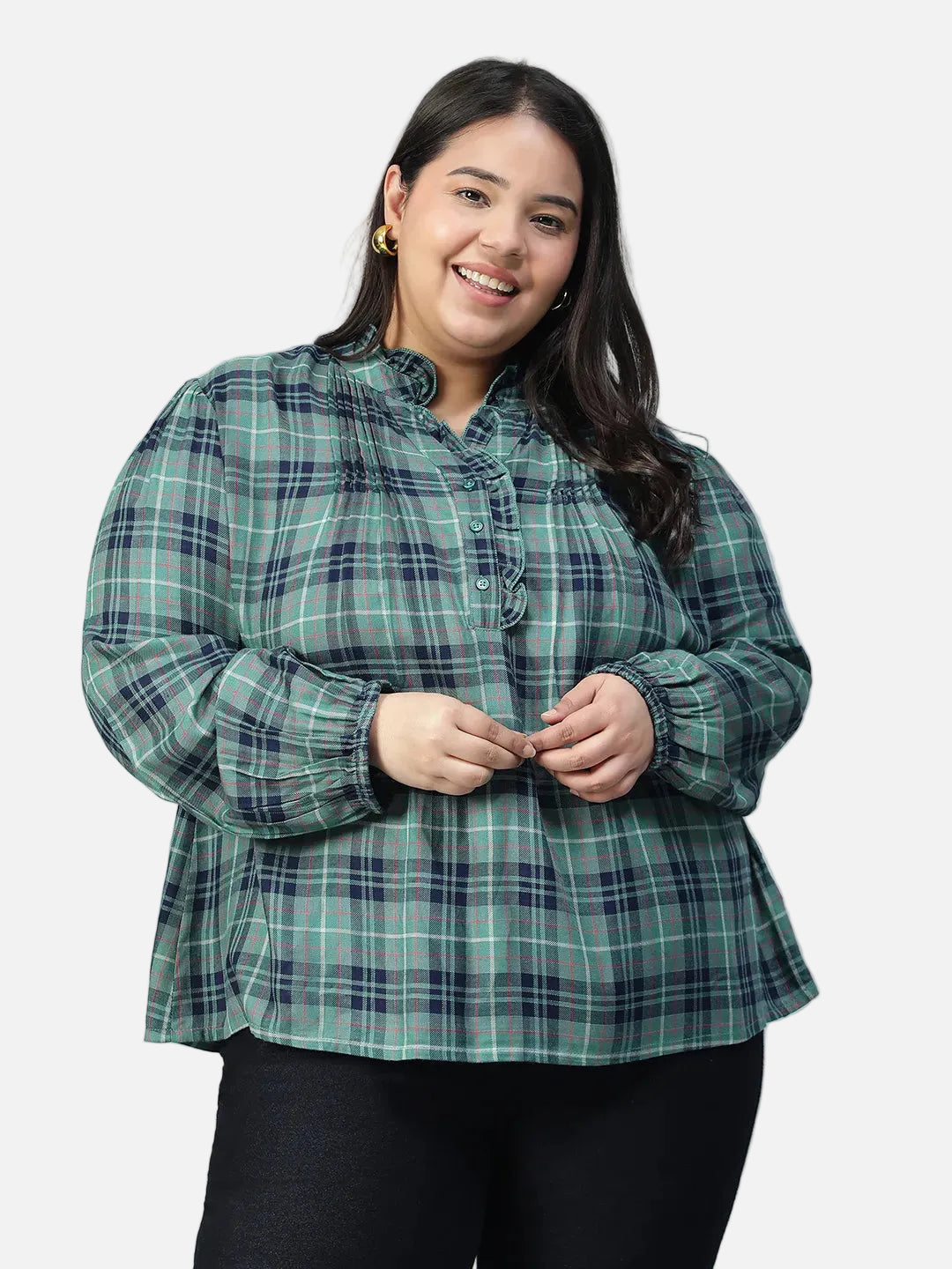 Plus Size Green Check Print Cotton Top