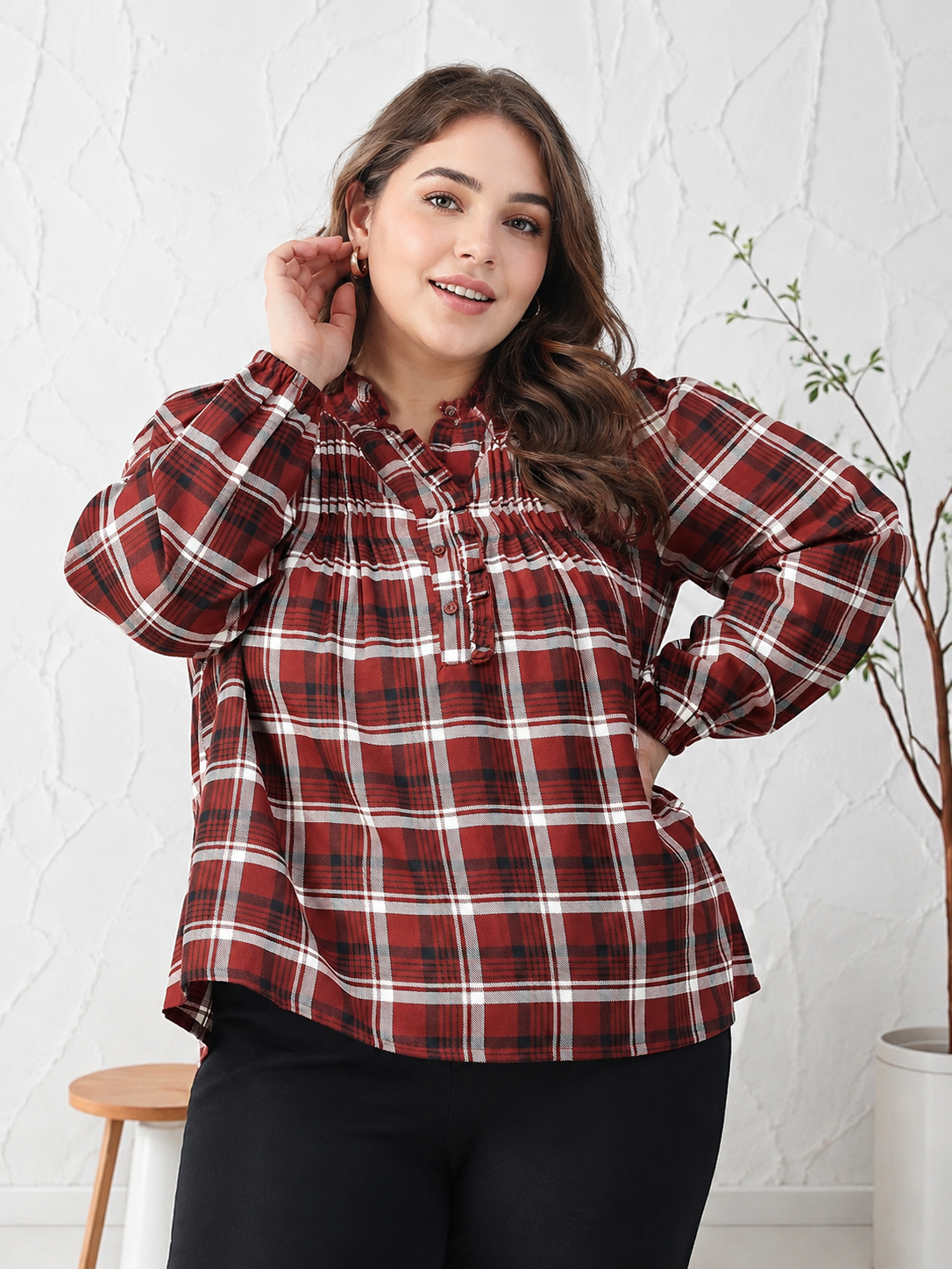 Plus Size Brown Check Print Cotton Top