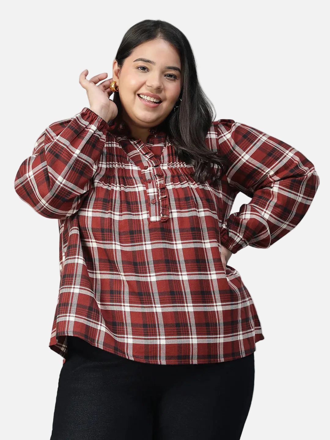 Plus Size Brown Check Print Cotton Top