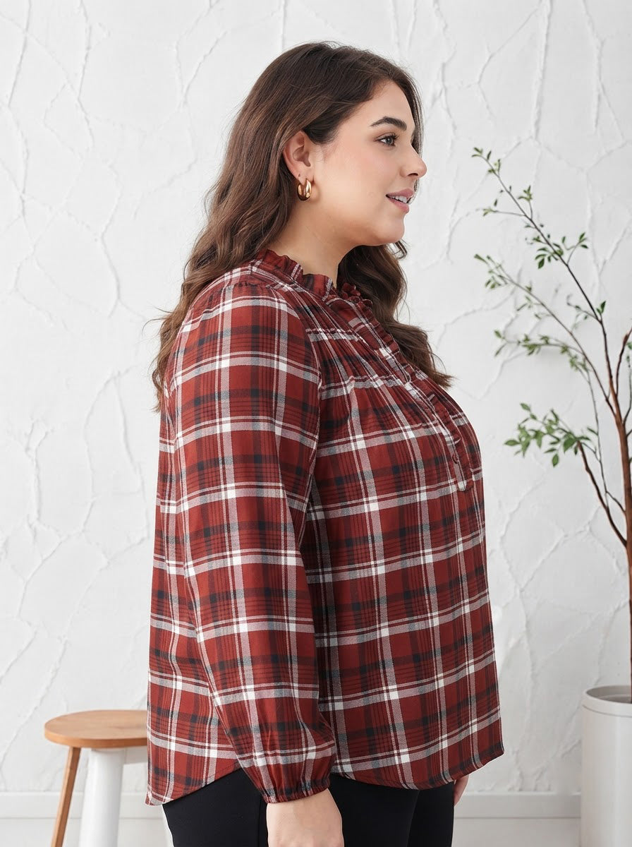 Plus Size Brown Check Print Cotton Top