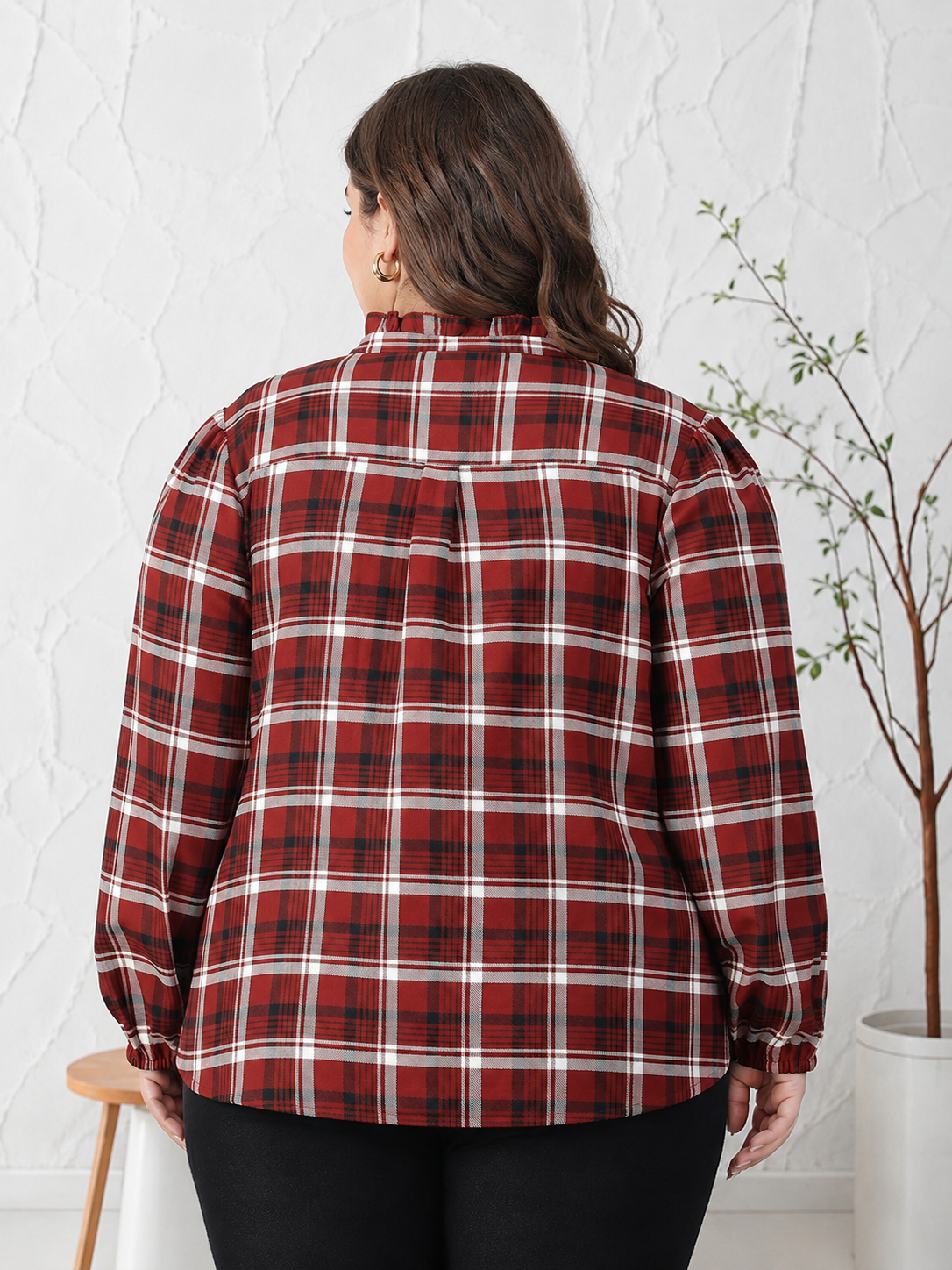 Plus Size Brown Check Print Cotton Top