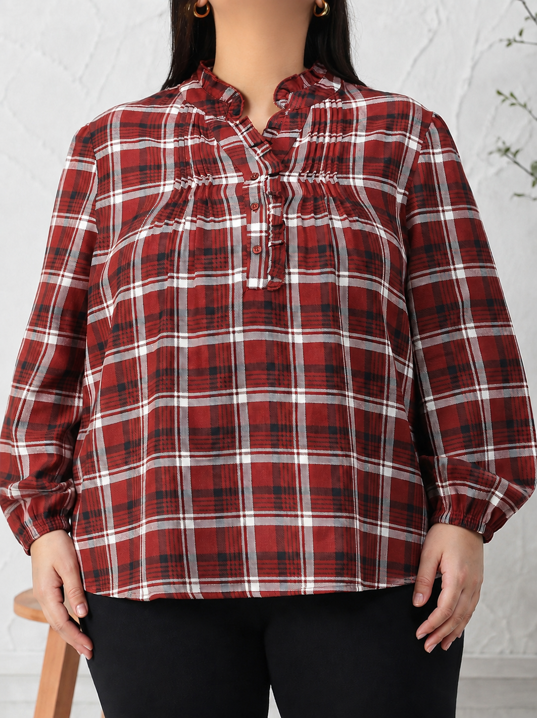 Plus Size Brown Check Print Cotton Top