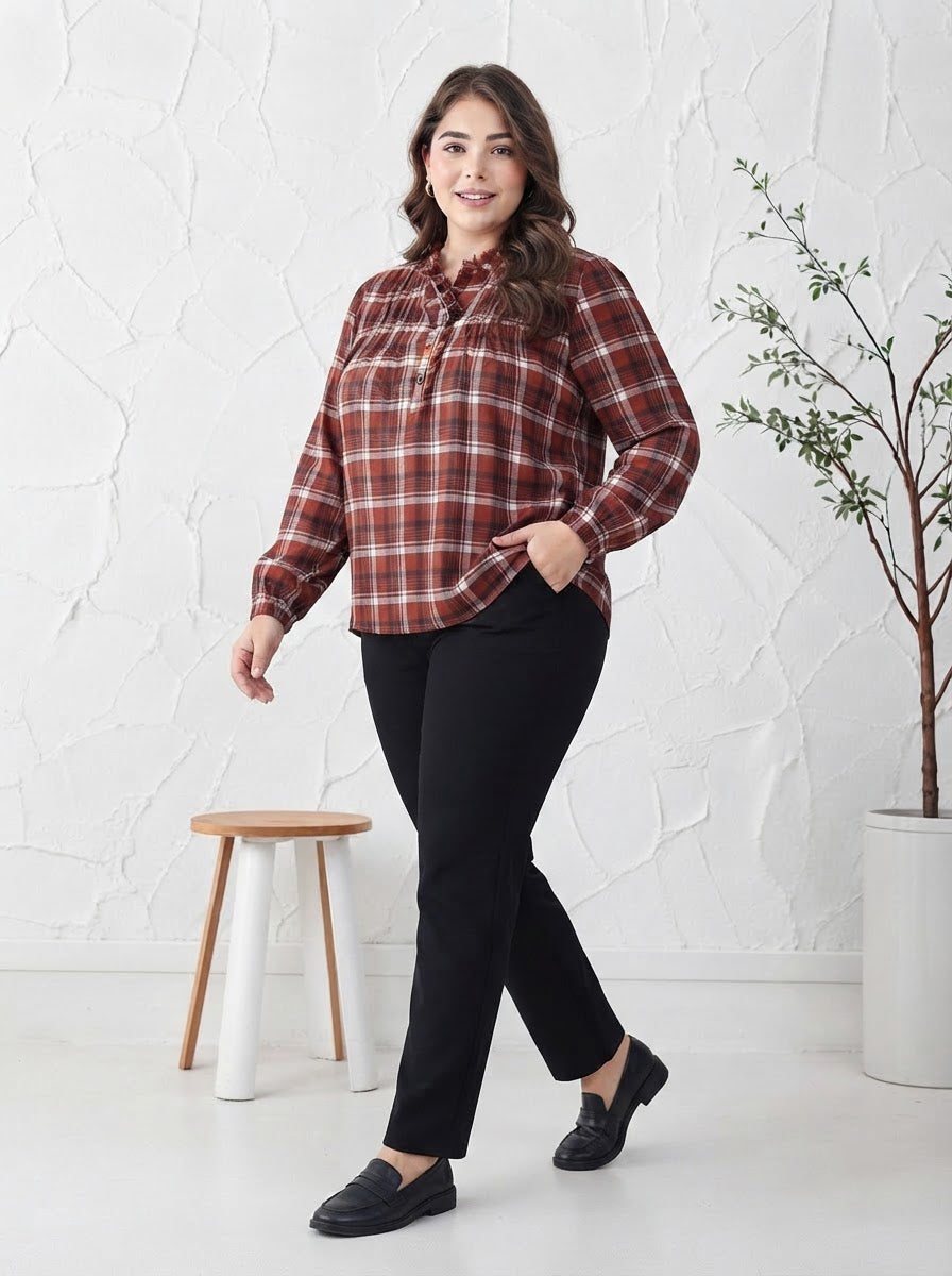 Plus Size Brown Check Print Cotton Top