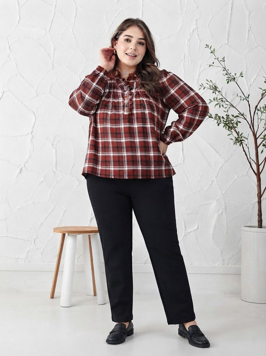 Plus Size Brown Check Print Cotton Top
