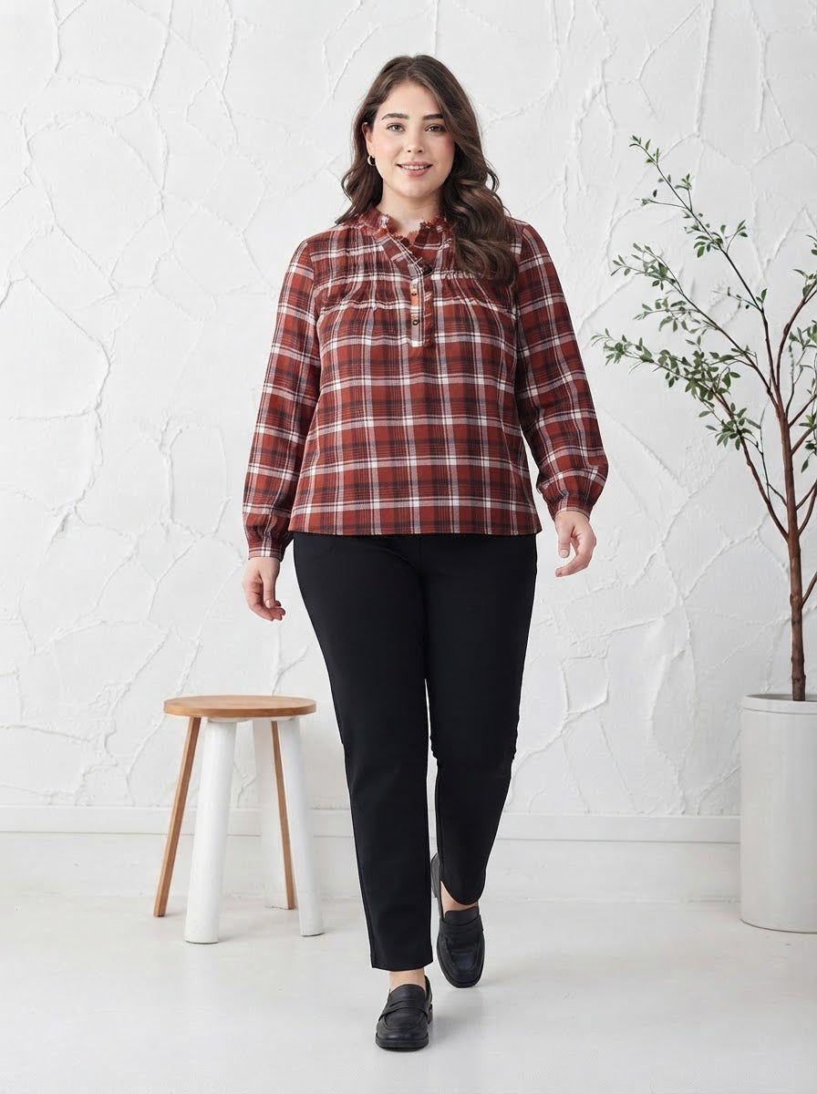 Plus Size Brown Check Print Cotton Top