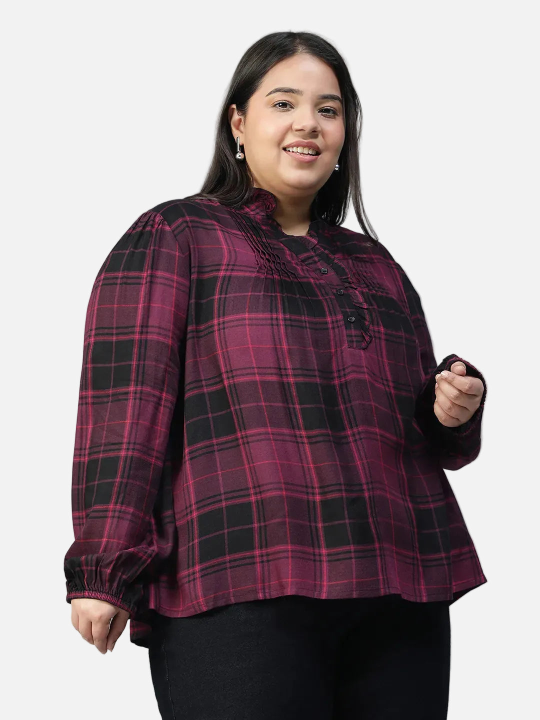 Plus Size Pink Check Print Cotton Top