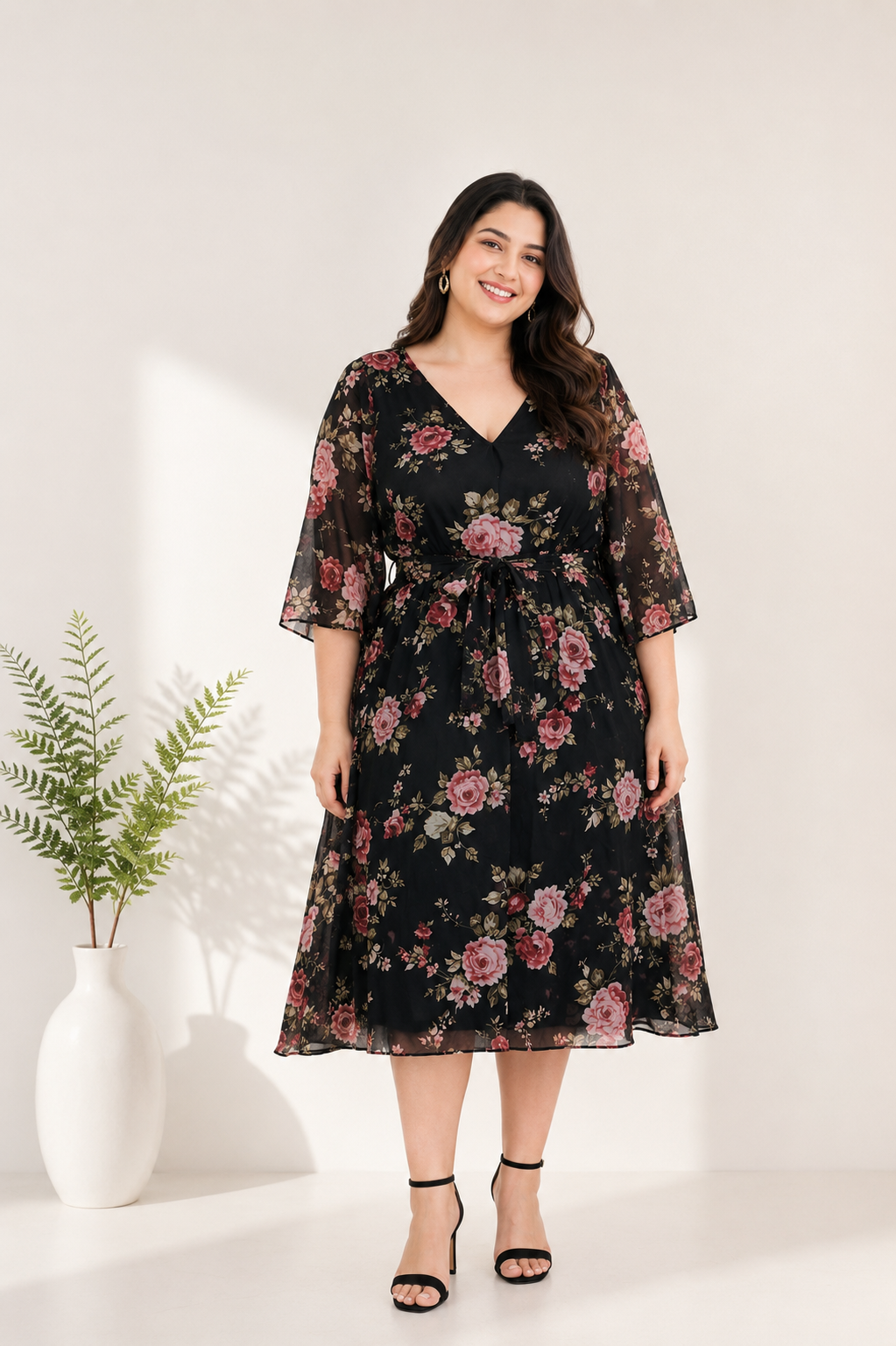 Plus Size Black Floral Print Dress