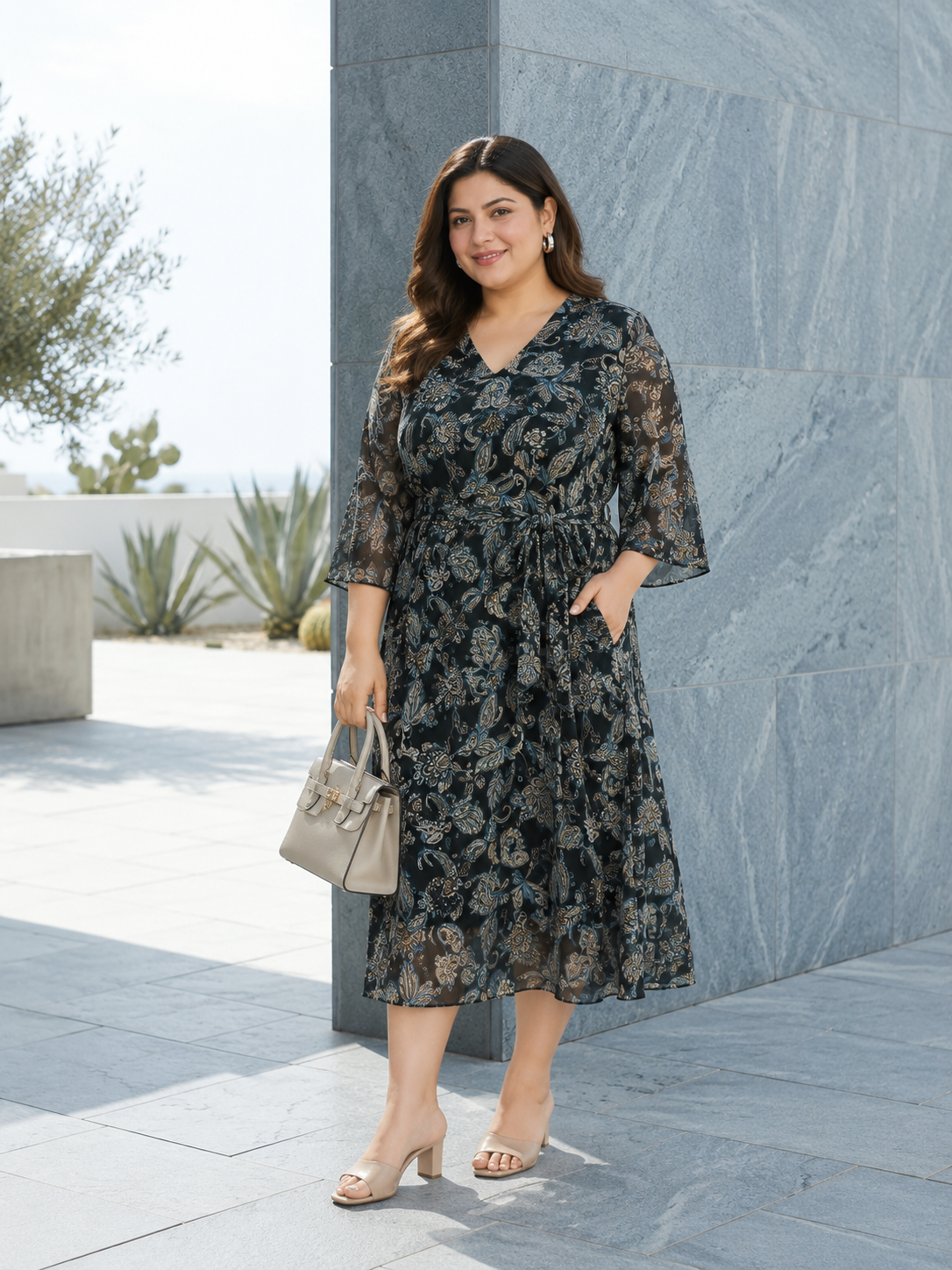 Plus Size Black Floral Print Dress
