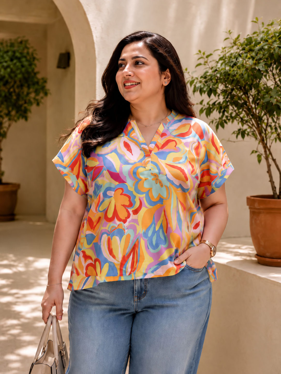 Women Plus Size Multicolor Floral Top