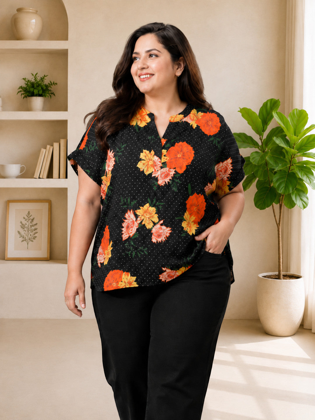 Women Plus Size Black Floral Print Top - Pre Order
