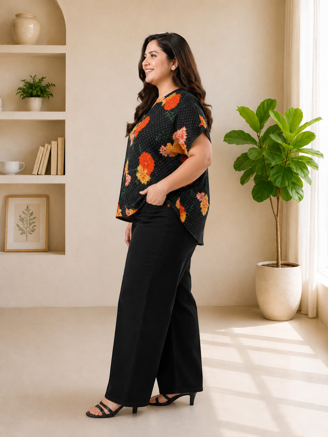 Women Plus Size Black Floral Print Top - Pre Order